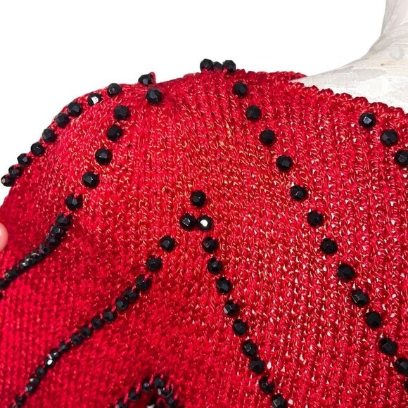 Vintage Womens Sweater Size Small Red Knit Jeweled Puff Shoulder Boat Neck - Picture 6 of 10